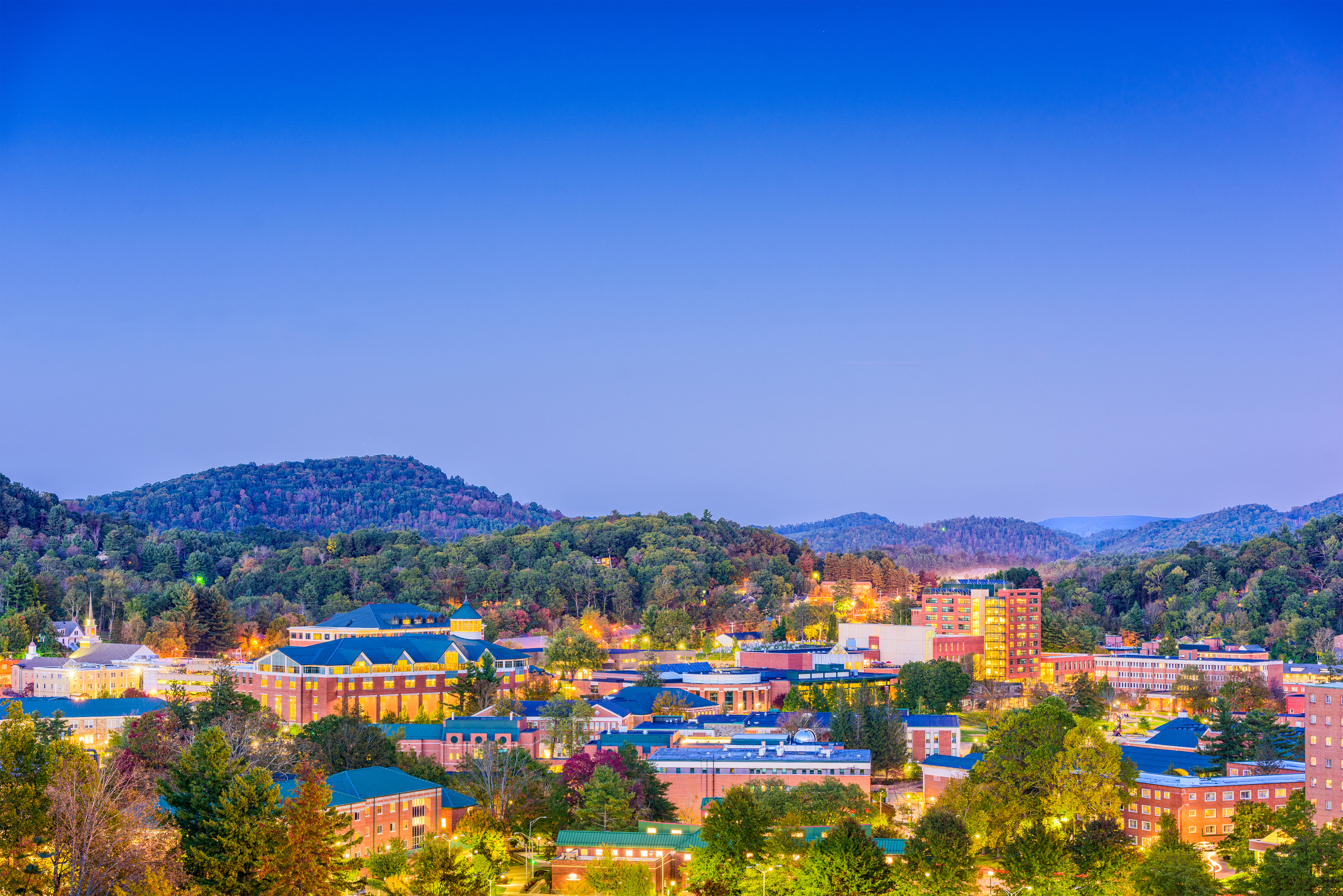 Appalachian State University campus illuminated at night in Boone North Carolina