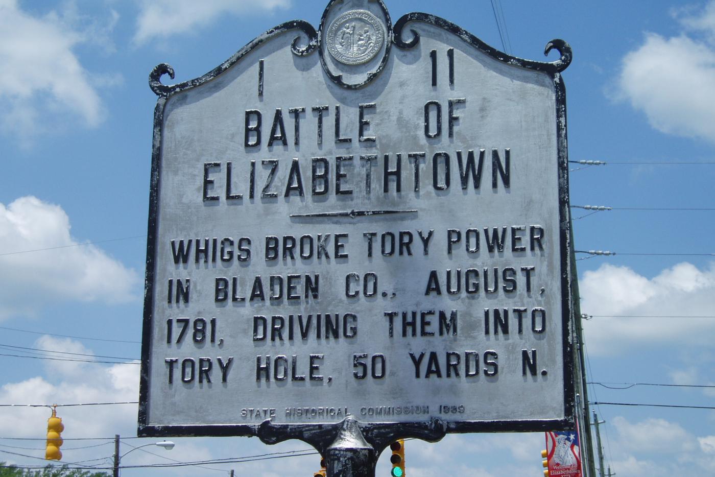 Historical marker commemorating the 1781 Battle of Elizabethtown in Bladen County North Carolina