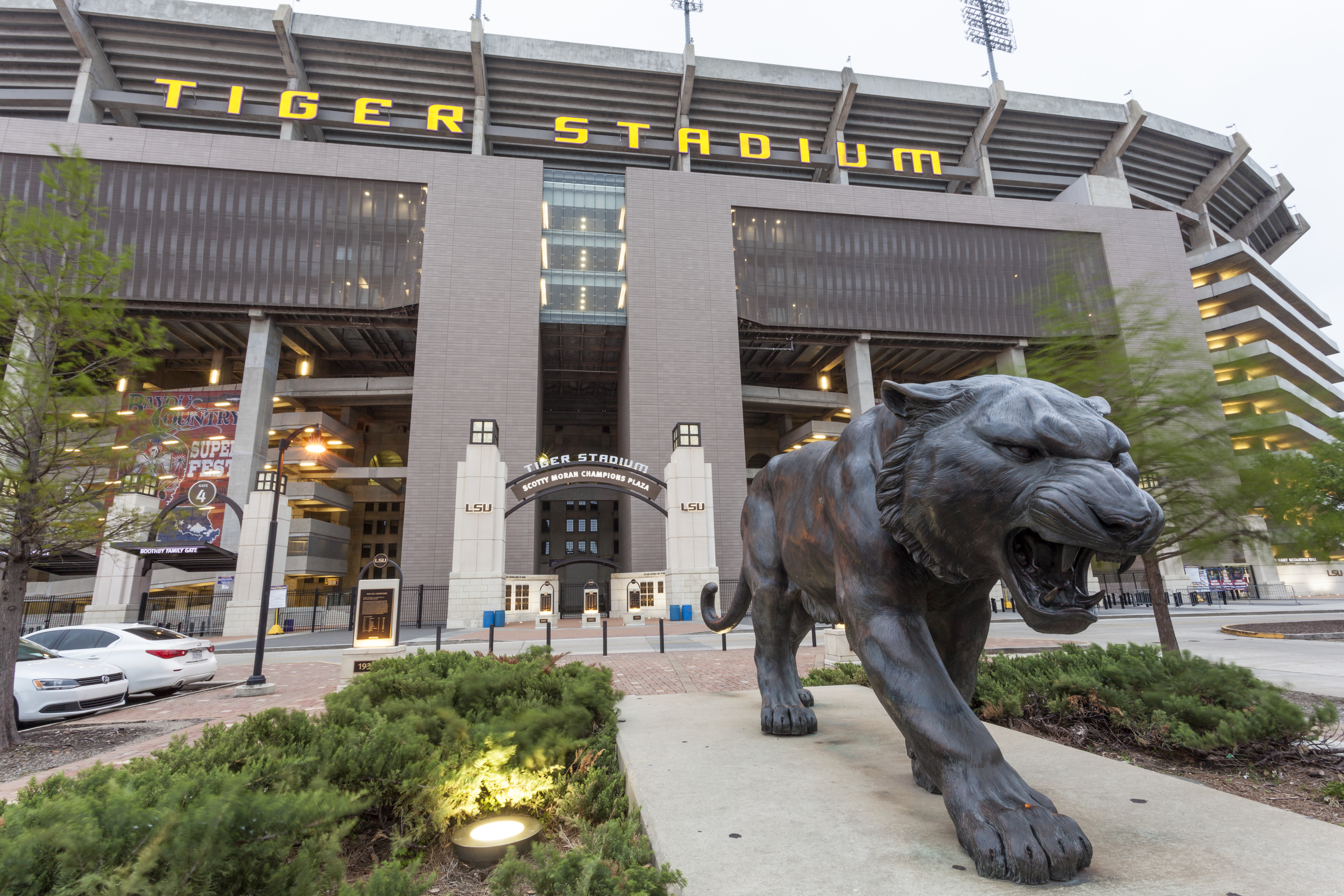 LSU Tiger Stadium in Baton Rouge Louisiana filled with fans during a football game cheering for the LSU Tigers