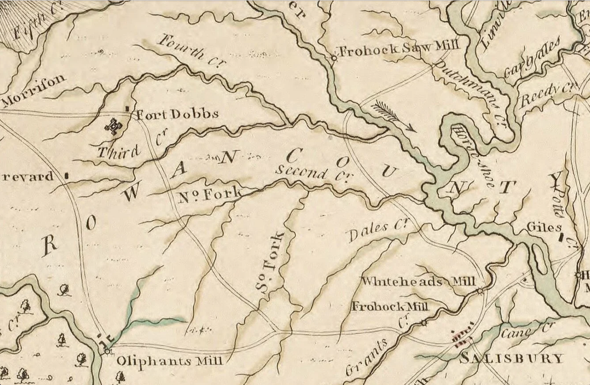 Historic map of Fort Dobbs in Iredell County, North Carolina, showing the frontier fort’s location and layout during the French and Indian War era.