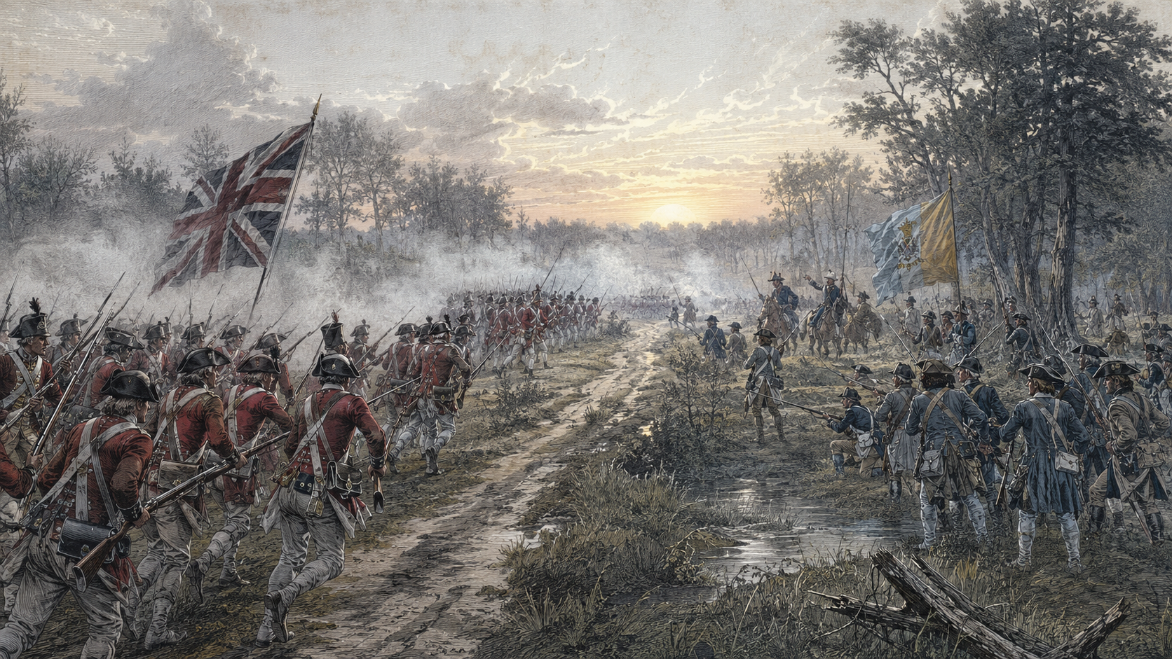British regulars advancing with bayonets against the American left while Maryland and Delaware Continentals fight on the opposite flank at Camden, August 16, 1780