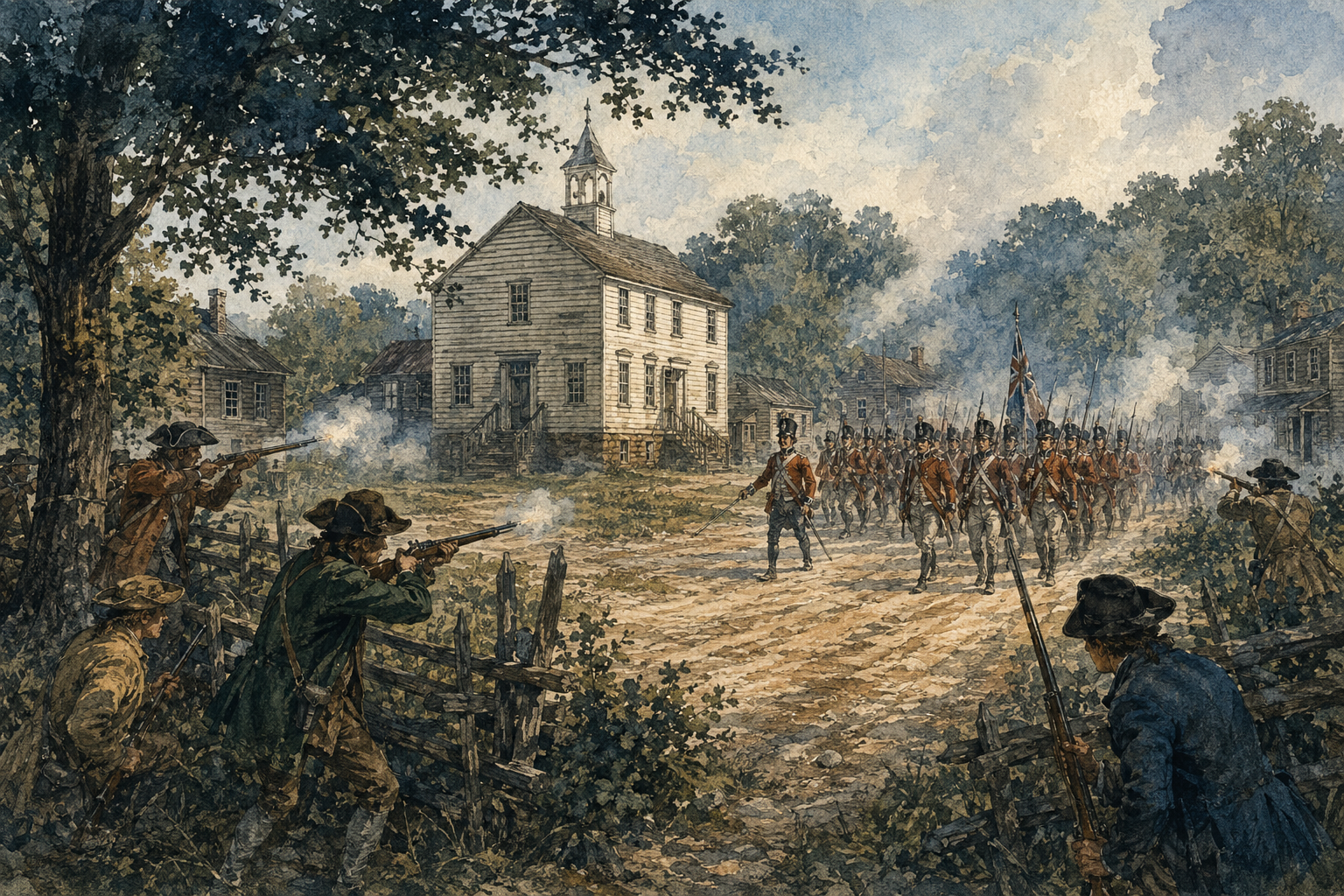 Museum-style illustration of Patriot militia contesting a British column entering the small 1780 Charlotte courthouse settlement.