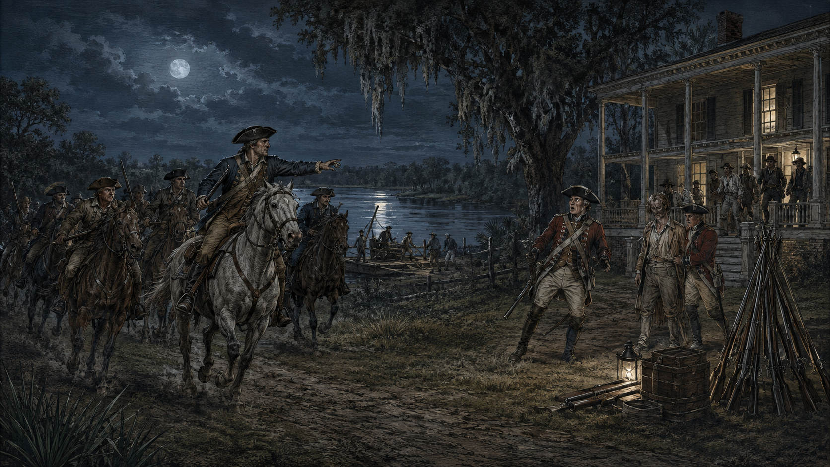 Francis Marion’s mounted militia rushing a British prisoner escort outside a plantation house near Nelson’s Ferry at night in August 1780