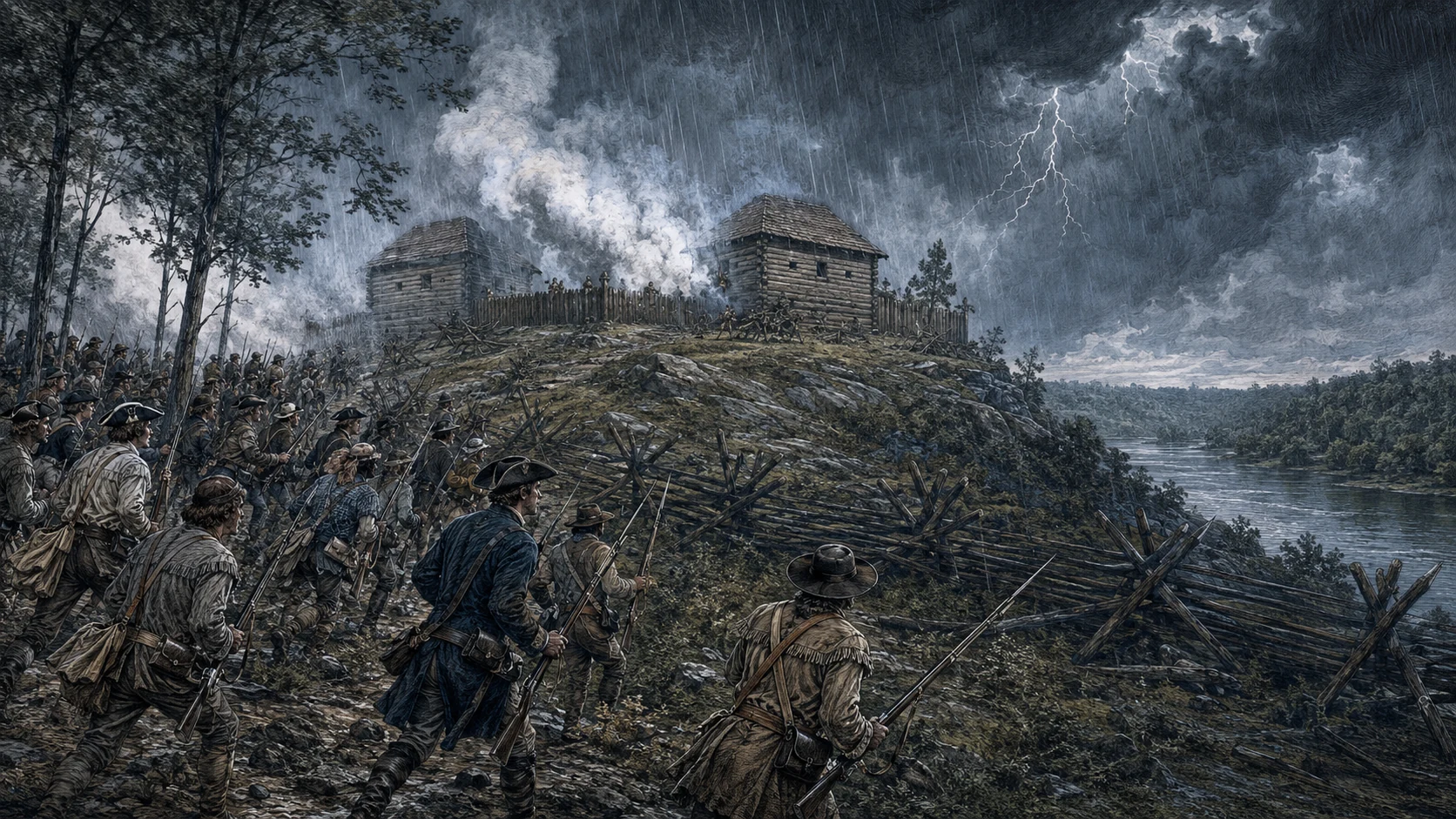 Thomas Sumter’s militia advancing uphill toward loopholed log defenses at Rocky Mount as a summer thunderstorm breaks over the Catawba River