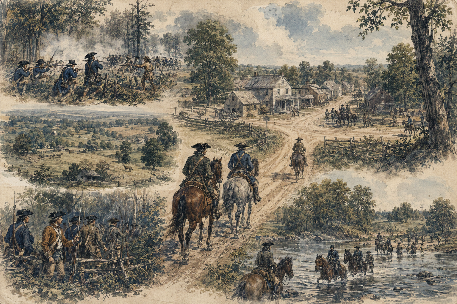 Text-free historical collage of the rolling Carolina Piedmont, small Charlotte settlement, militia roads, and a Catawba River crossing.