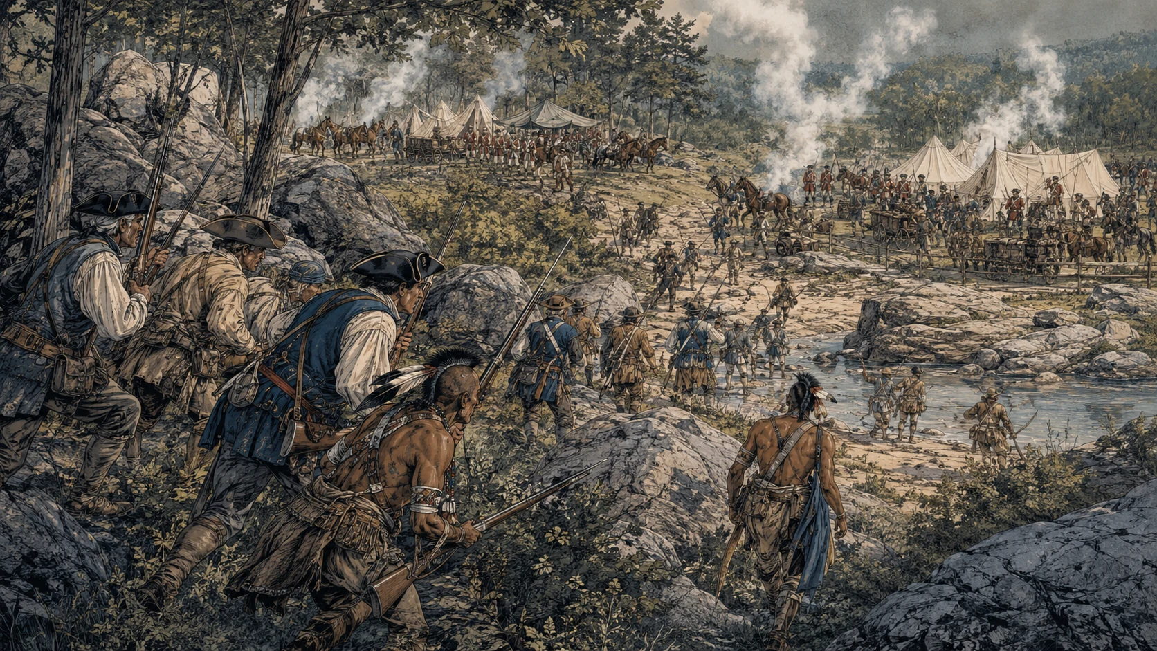 Carolina militia advancing through rocks and trees into separated British and Loyalist camps at Hanging Rock on August 6, 1780