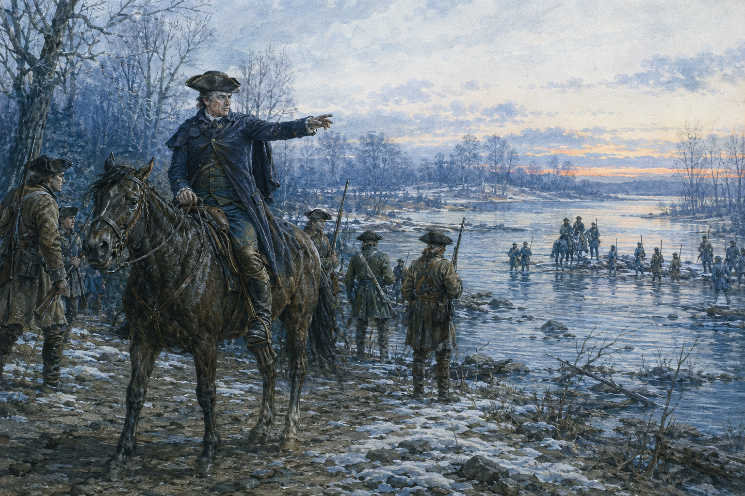 Mounted General William Lee Davidson directing North Carolina militia near a winter Catawba River ford.
