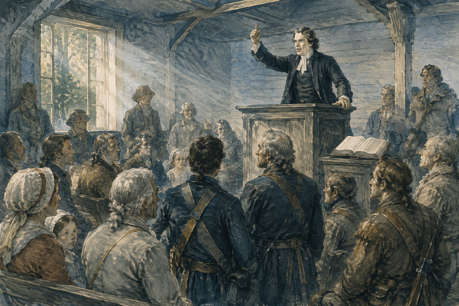 Presbyterian minister Alexander Craighead preaching from a plain wooden pulpit to frontier Carolina families.