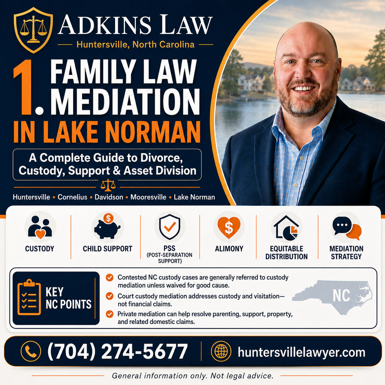 Alt text: Adkins Law family law mediation guide for Huntersville and Lake Norman covering divorce, child custody, support, alimony, equitable distribution, and mediation strategy.