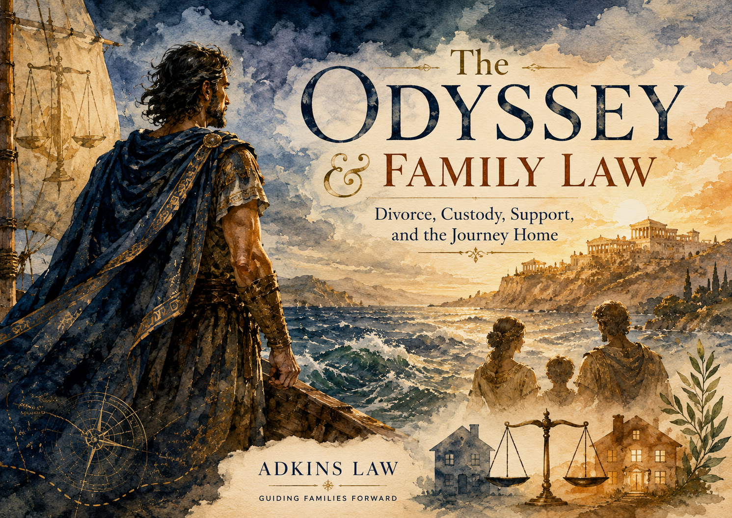 Alt Text: Watercolor illustration for Adkins Law depicting an Odysseus-inspired journey home with symbols of North Carolina divorce, child custody, support, property division, and family law in Huntersville and Lake Norman.