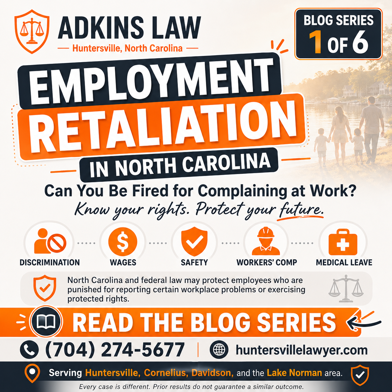 Alt Text: Adkins Law employment retaliation graphic explaining whether North Carolina employees can be fired for reporting discrimination, wages, safety, workers’ compensation, or medical leave.