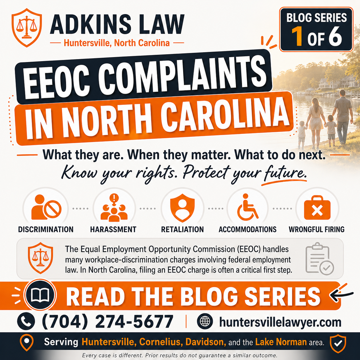 Alt Text: Adkins Law graphic introducing EEOC complaints in North Carolina, including workplace discrimination, harassment, retaliation, accommodations, wrongful termination, and the EEOC filing process.