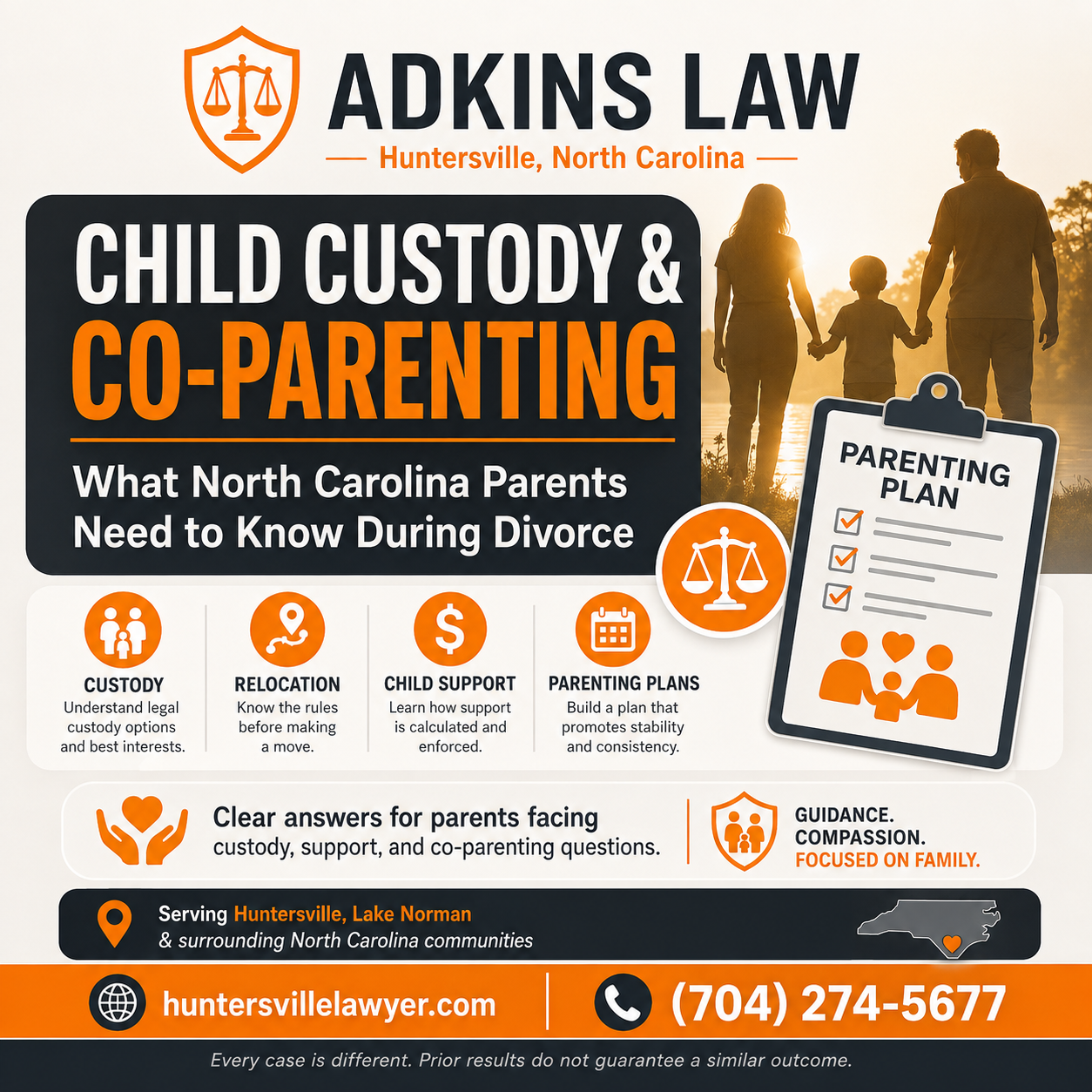 Adkins Law graphic introducing a North Carolina child custody and co-parenting guide for parents facing divorce in Huntersville and the Lake Norman area.