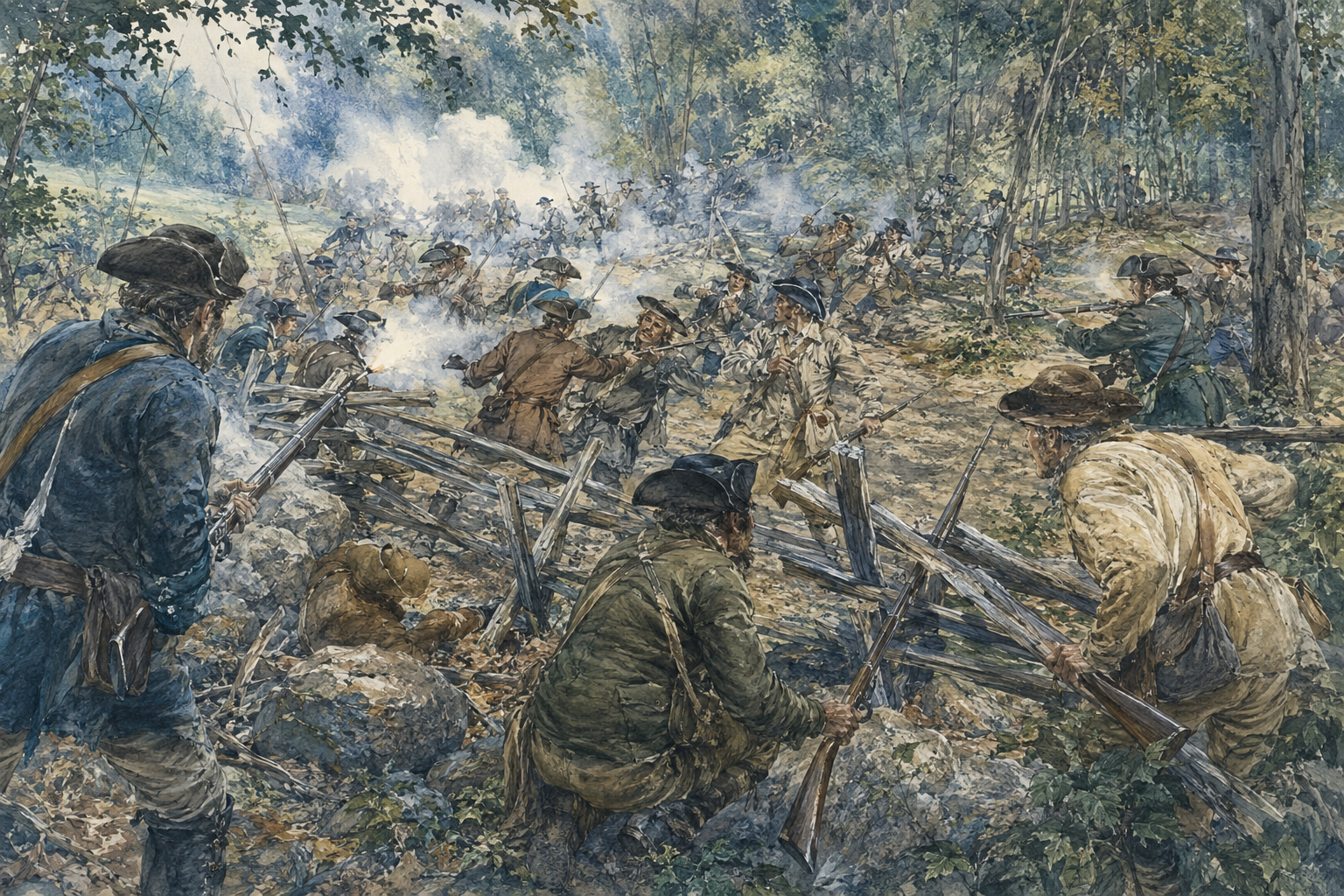 Chaotic close-range militia combat among trees and rail fences at Ramsour’s Mill, emphasizing the Revolution’s civil-war character.