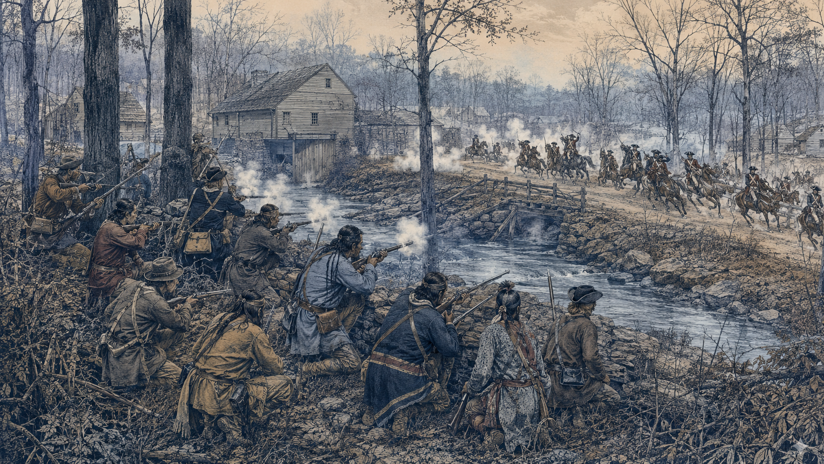 American light infantry and Catawba allies firing from wooded cover toward British cavalry advancing near Clapp’s Mill.