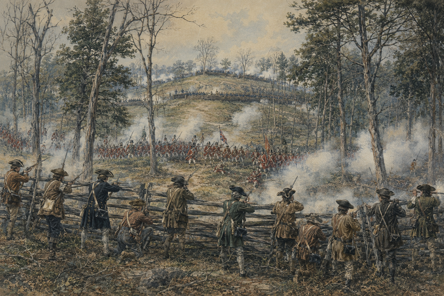 Greene’s layered defensive lines suggested across the wooded Guilford Courthouse battlefield as British infantry advances through smoke.