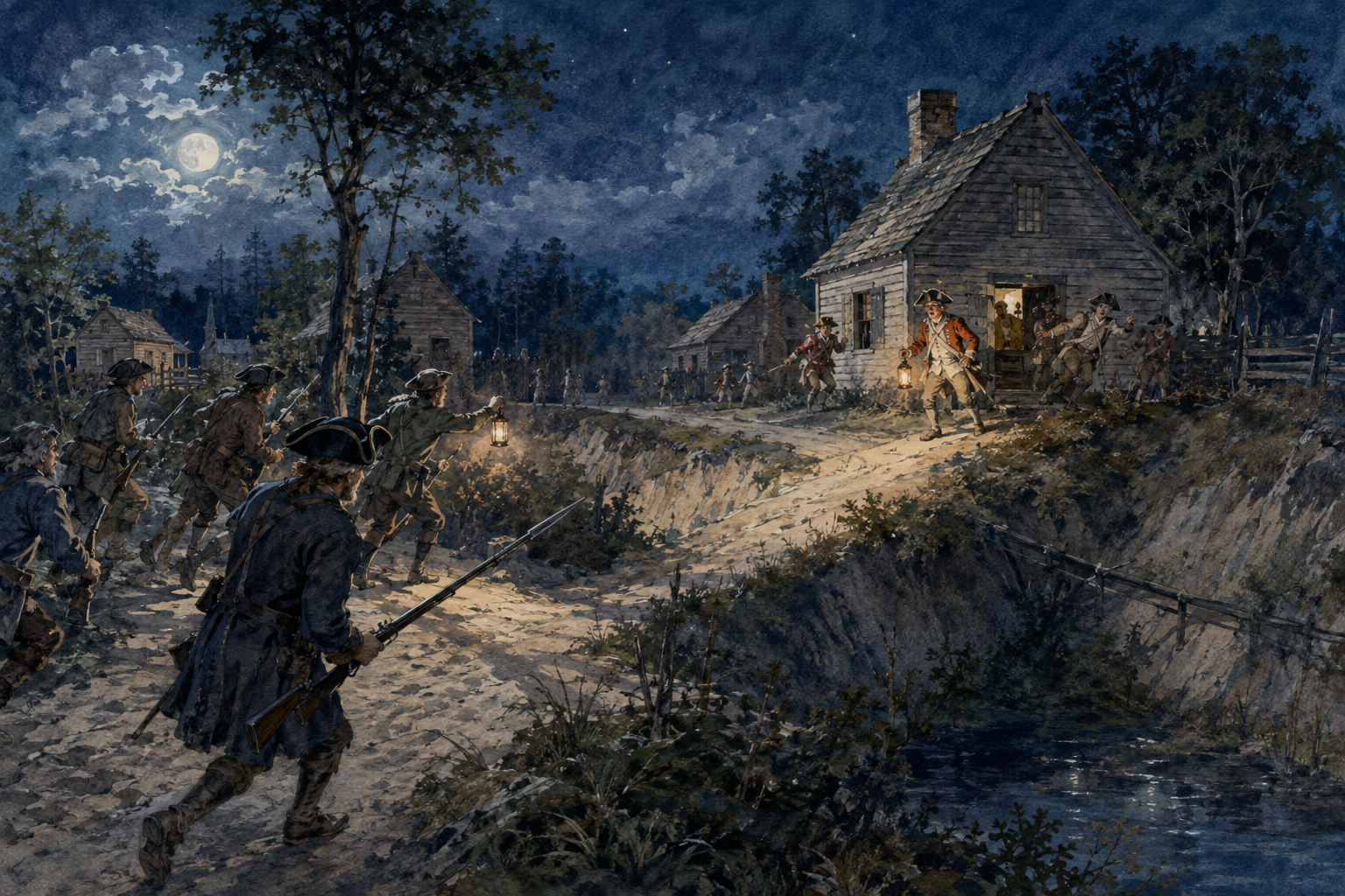 Moonlit August 1781 attack by local Patriot militia on a Loyalist position among modest wooden buildings in Elizabethtown.