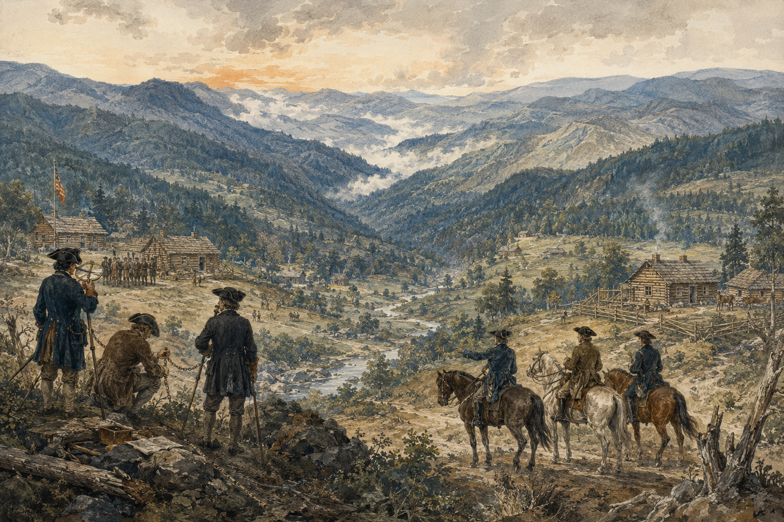 Late-eighteenth-century surveyors, county riders, and isolated settlements spread across the western North Carolina mountains.