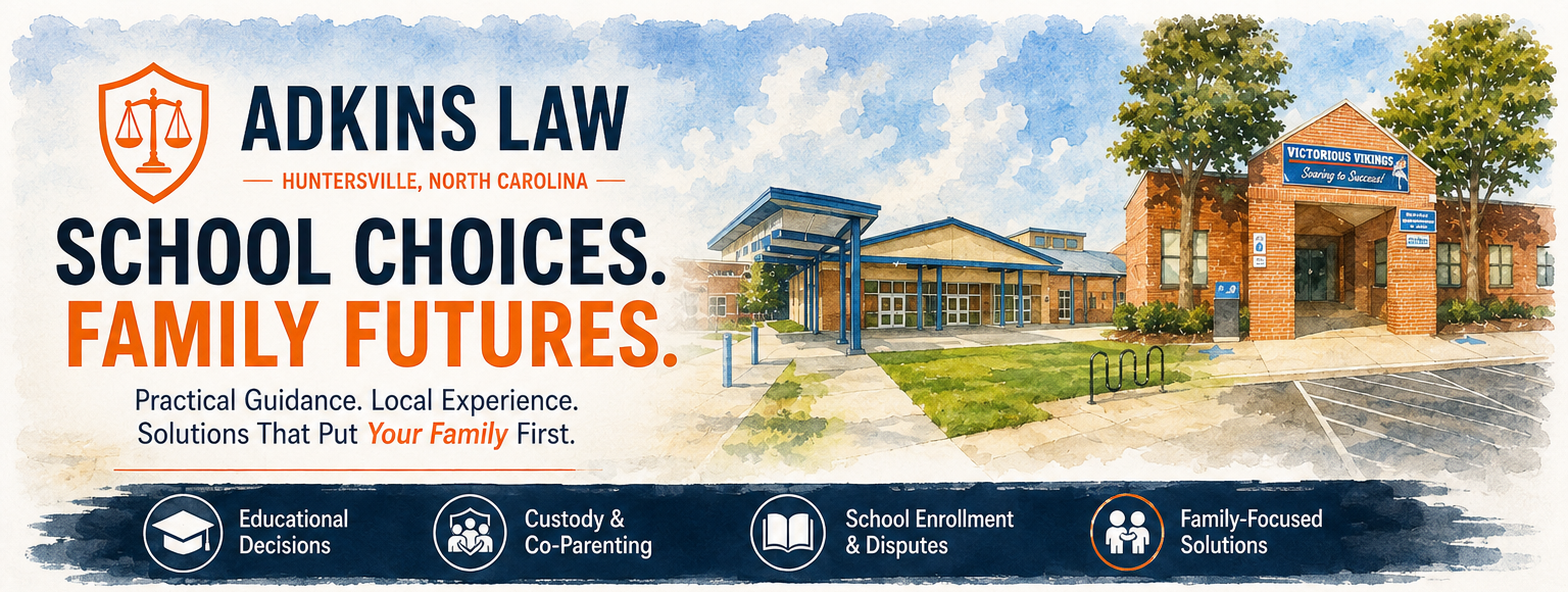 Article Intro Graphic — Adkins Law school choice and child custody guide for Huntersville and Lake Norman families, featuring local school watercolor illustrations.