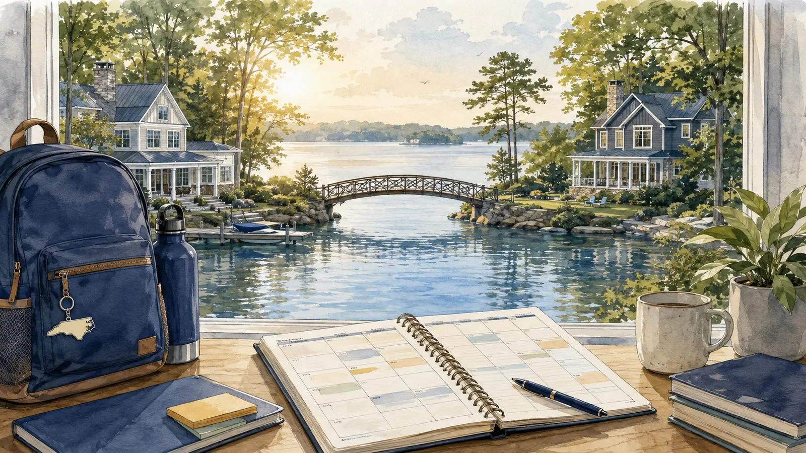 Watercolor Lake Norman scene with two homes, a bridge, school backpack and shared parenting calendar