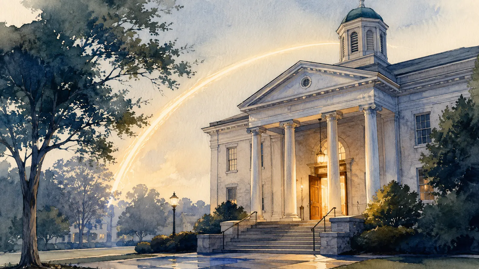 Watercolor illustration of a Stanly County courthouse with an illuminated doorway symbolizing safety and domestic violence protection