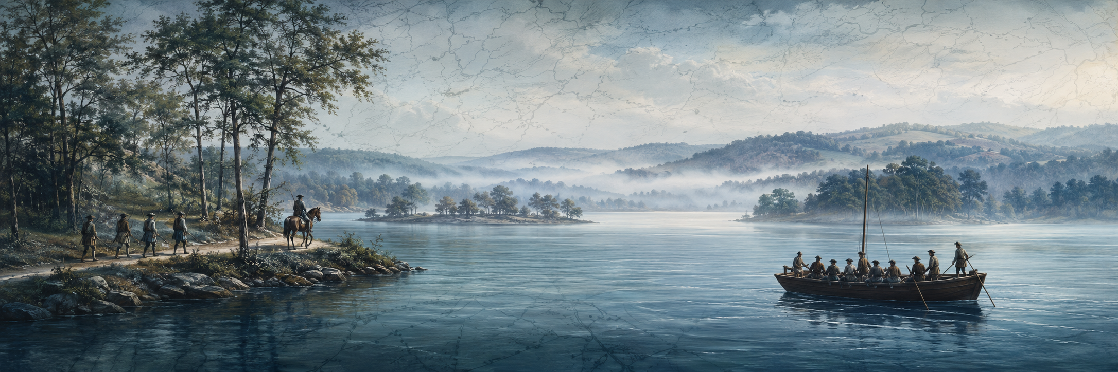 Panoramic Lake Norman landscape with eighteenth-century travelers and a bateau illustrating the Revolutionary War’s Southern Campaign in the Carolinas.