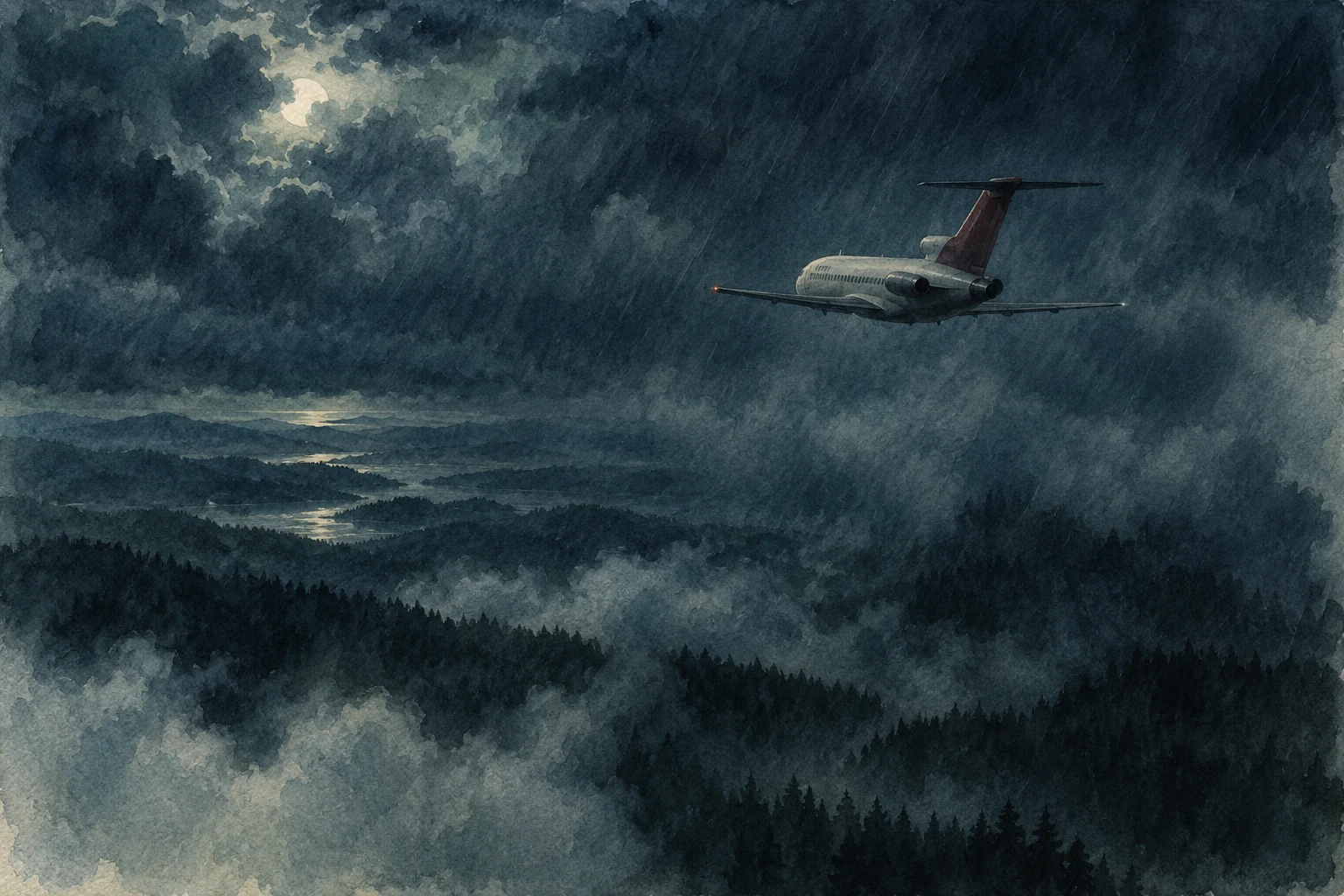 A rear-engine passenger jet flies through a dark blue cloudscape above distant forest.