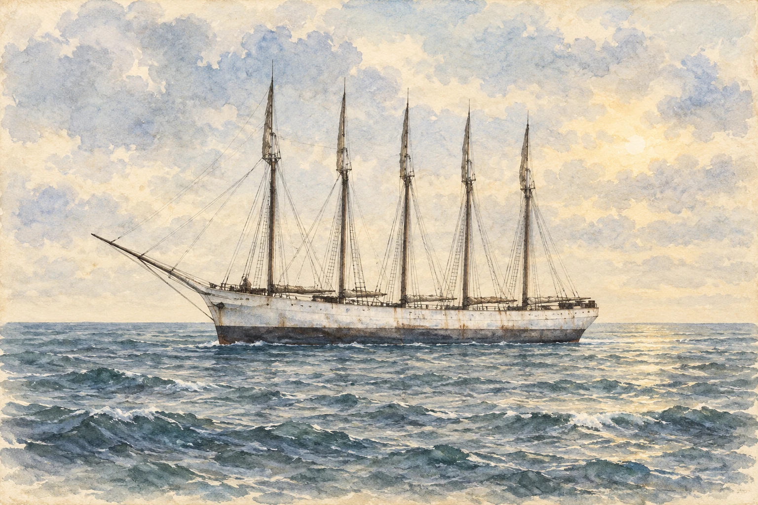 A long wooden cargo schooner with five tall masts floats on a pale winter sea.