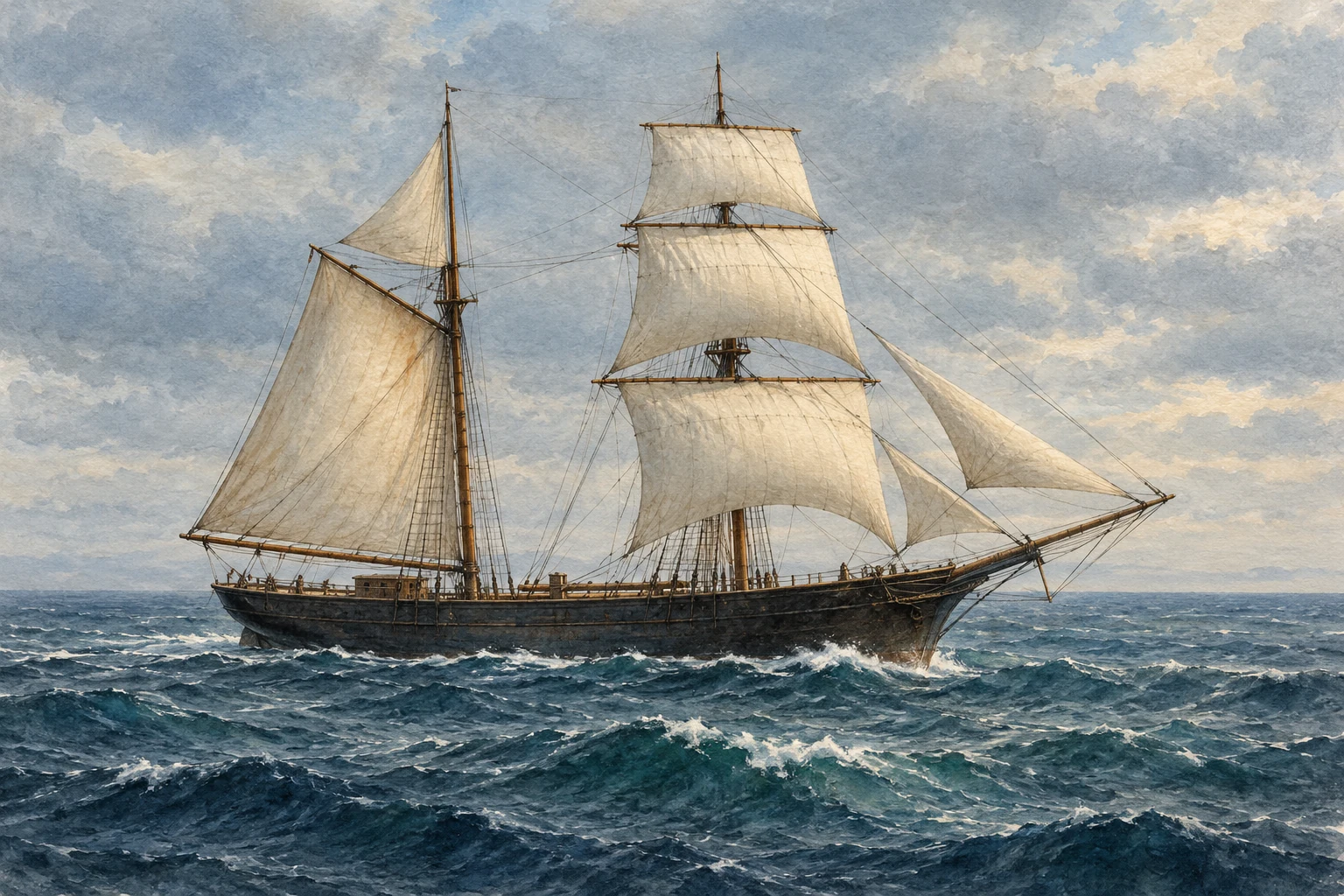 A two-masted merchant brigantine with square sails forward crosses a gray-blue sea.